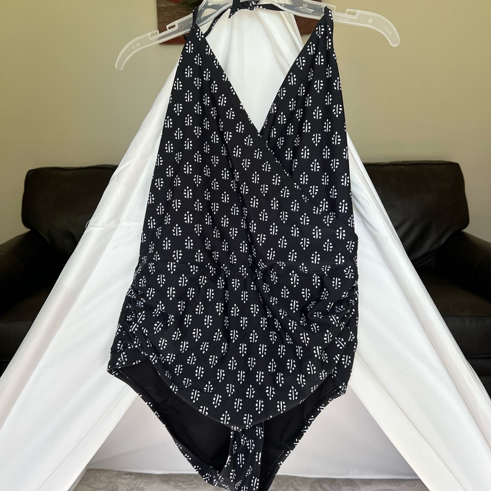 Black and white faux wrap once piece swimsuit